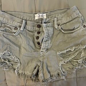 Free People Sage Green Distressed Denim Cutoff Shorts